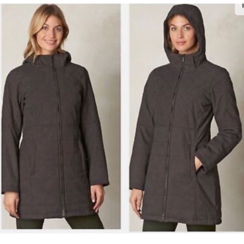 Prana Inna long jacket with hood quilted charcoal gray water resistant o…